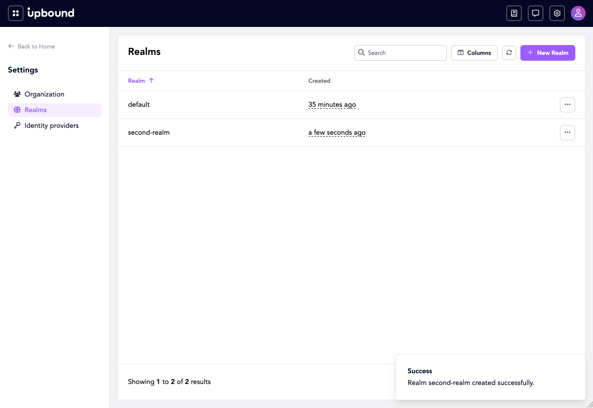 The Realms page listing default alongside the newly created second-realm